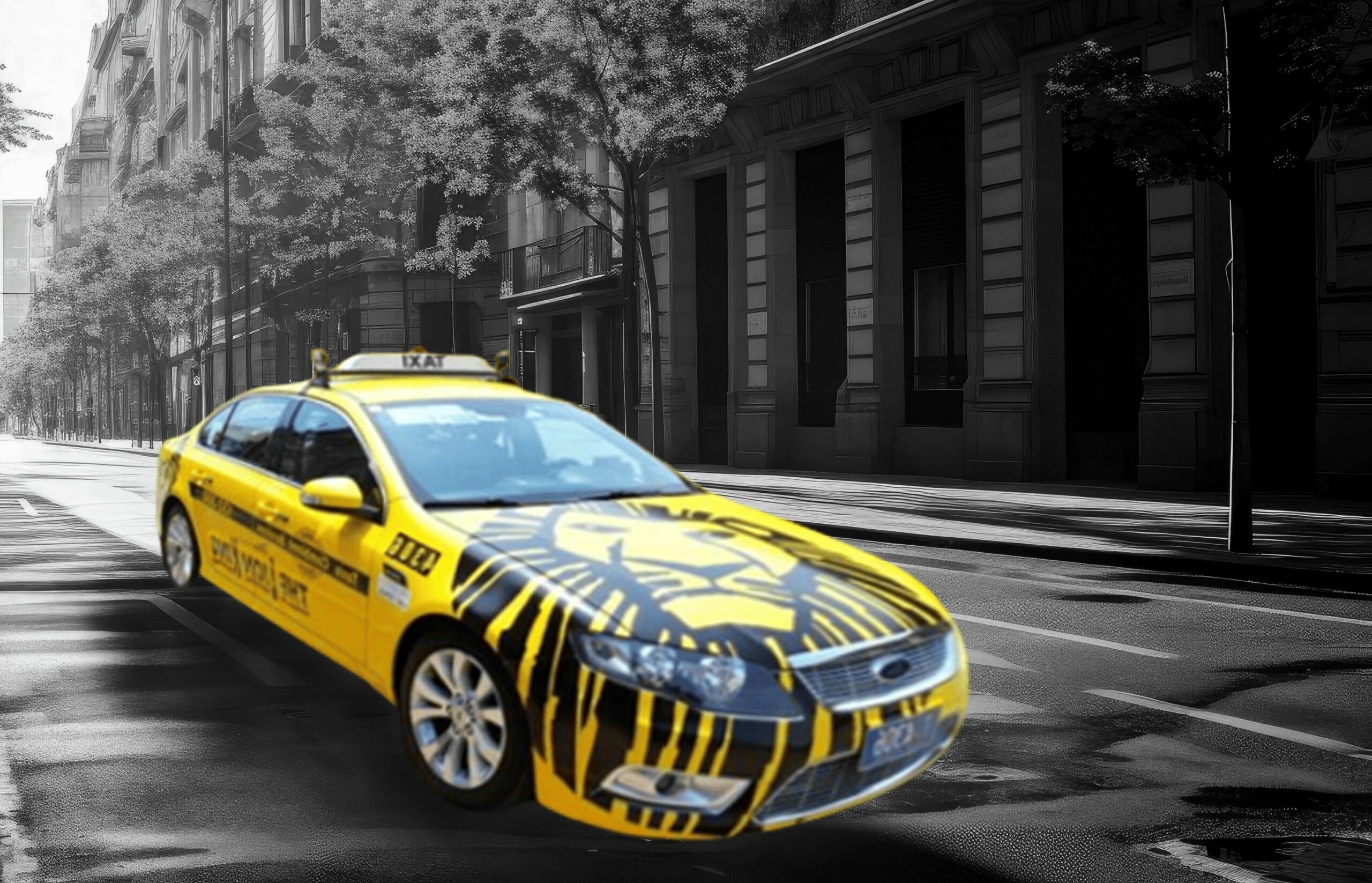Yellow taxi with a lion printed on the hood.